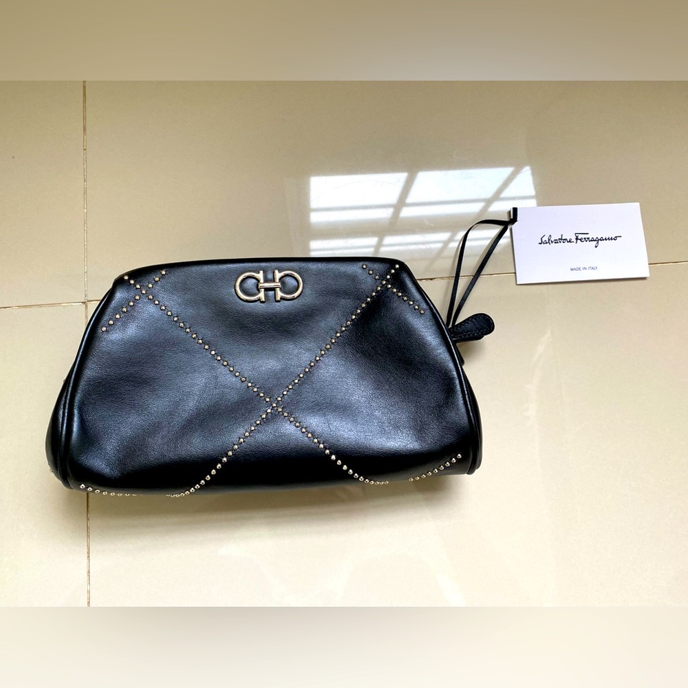 100% Authentic NWT‼️ Salvatore Ferragamo Gancini Mini Leather Clutch with Studs